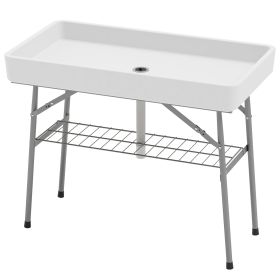 3.4ft Folding Ice Cooler Table With Drain, Fill And Chill Table Outdoor Table Cooler With Storage Shelf, Drink Cooler For Parties Picnic BBQ Camp (Color: White)